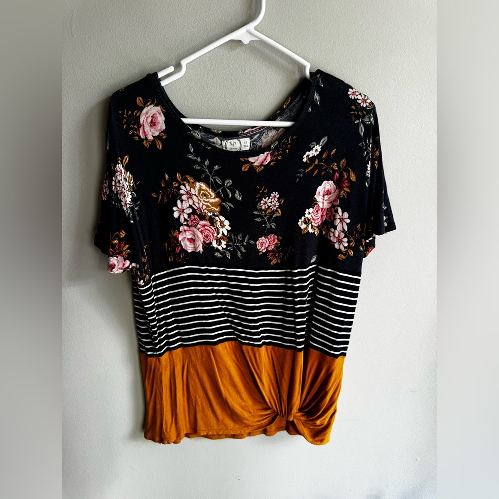 Maurices Black Floral and Striped Knot Hem Blouse